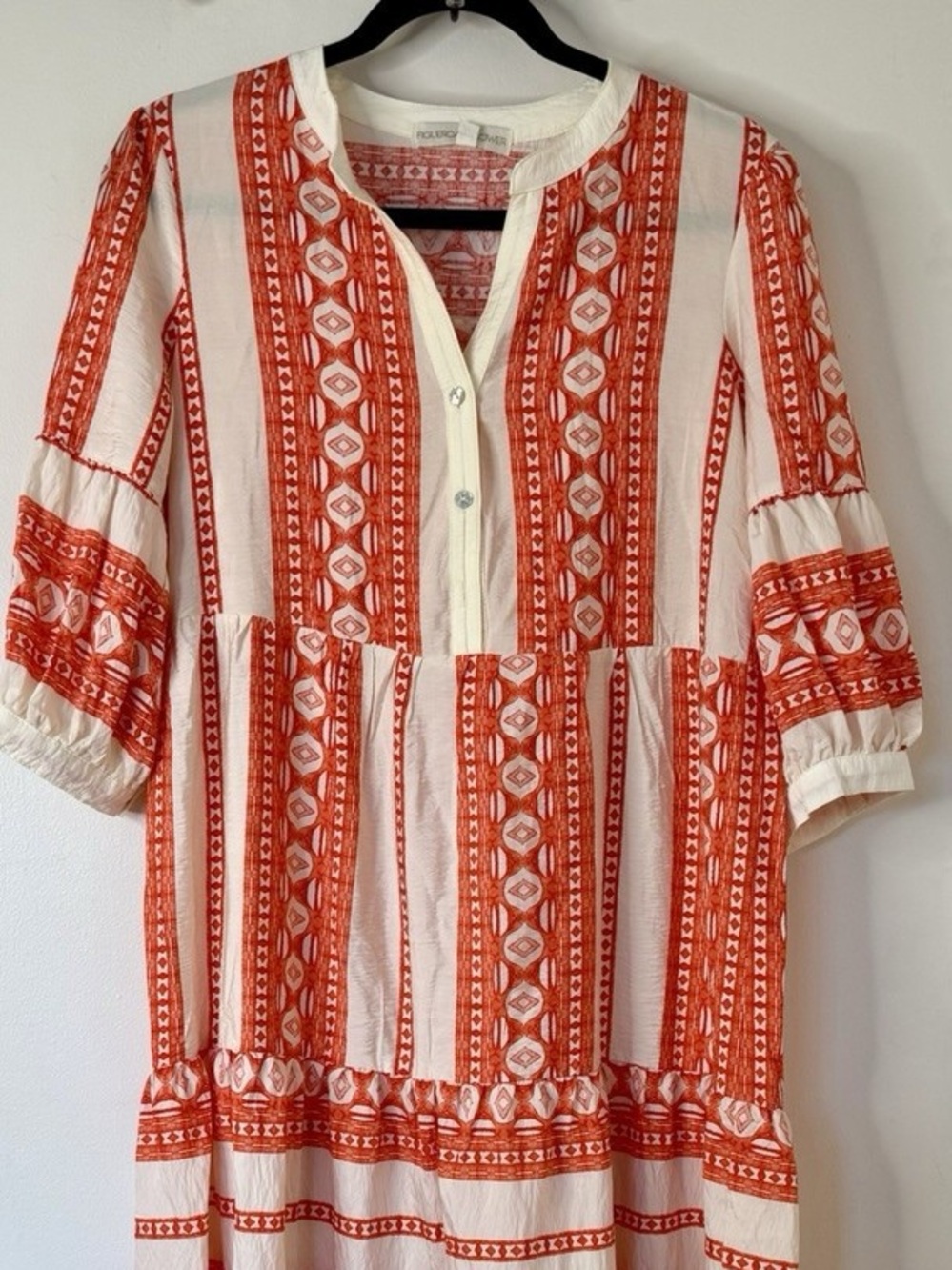 Boho Figueroa & Flower Midi Orange and White Patterned Dress With 3/4 Sleeves